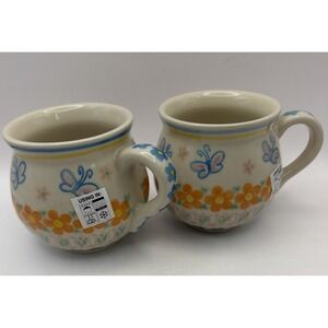 2 Vena Polish Pottery Ceramic Kacperek Mugs Boleslawiec 10 oz Butterflies